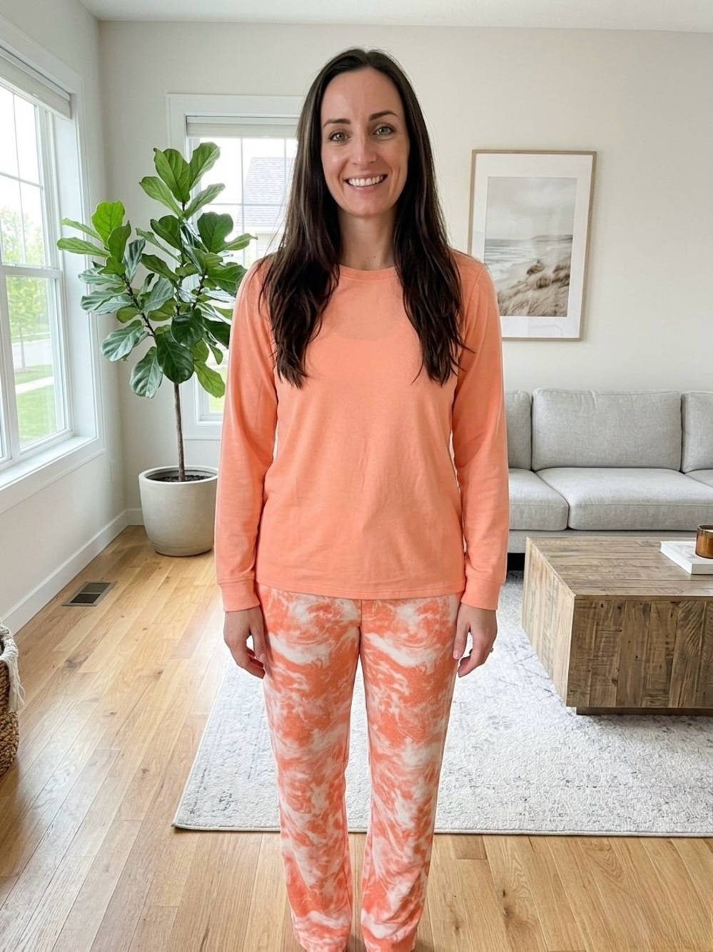 Sonoma Peach Long-Sleeve Top with Peach & White Tie-Dye Pajama Pants
